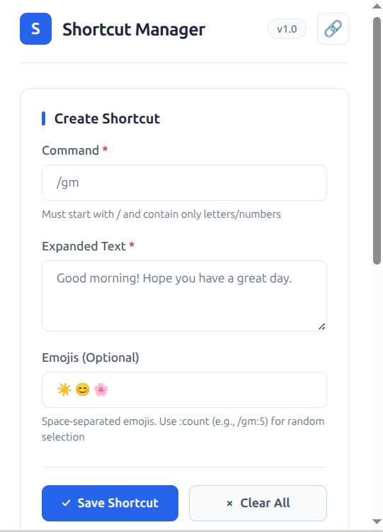 Shortcut Helper extension popup manager interface
